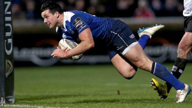 Cian Kelleher scores a try for Leinster during the Pro12 victory over Zebre in February