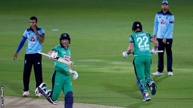 Ireland batsman Harry Tector shows his delight after Kevin O'Brien hit the winning runs in the victory over England in early August