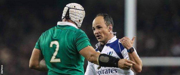 Rory Best talks to referee Jaco Peyper during Ireland's defeat by New Zealand