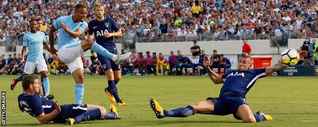 Gabriel Jesus shoots during Manchester City's friendly against Tottenham in Nashville