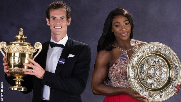 Andy Murray and Serena Williams with their Wimbledon singles trophies after winning their respective titles in 2016