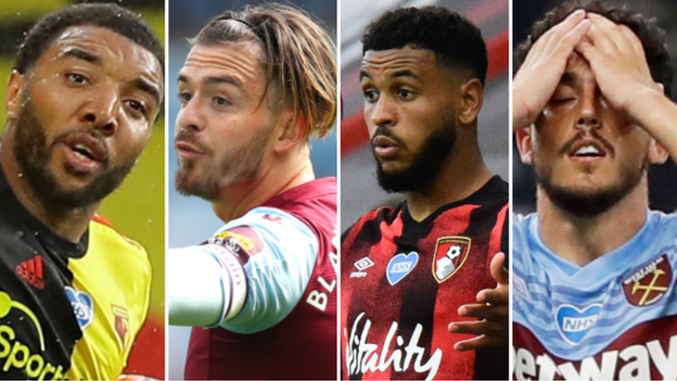 Watford's Troy Deeney (left), Aston Villa's Jack Grealish, Joshua King of Bournemouth and Pablo Fornals of West Ham (right)