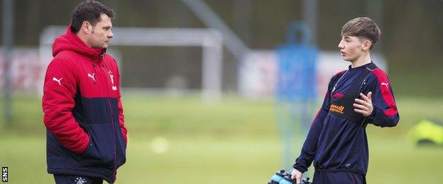 Interim manager Graeme Murty chats with Rangers youngster Billy Gilmour during training