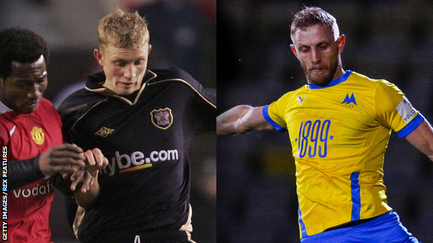 Then and now - a teenage Dean Moxey helped Exeter City draw 0-0 at Manchester United, while the now 36-year-old is hoping to upset his former club Derby County