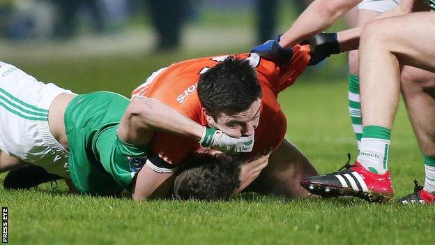 The Armagh and Fermanagh teams confronted each other during a heated Division Two league match at the Athletic Grounds