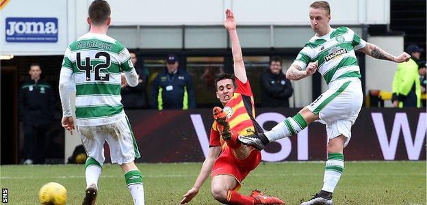 Leigh Griffiths scores Celtic's opener just before half-time, his 35th goal of the season