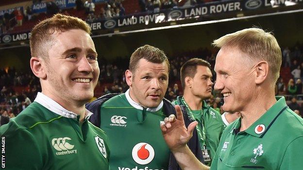 Ireland coach Joe Schmidt with Paddy Jackson and prop Mike Ross after Saturday's win over South Africa