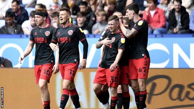 Fleetwood celebrate Barry Baggley's goal against Bolton