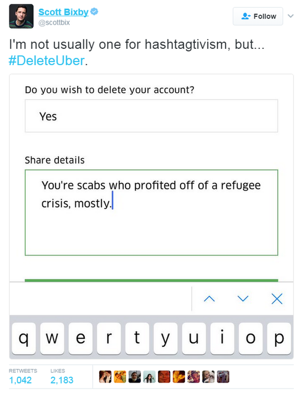 Message from user criticising Uber, calling them "scabs who profited off a refugee crisis"