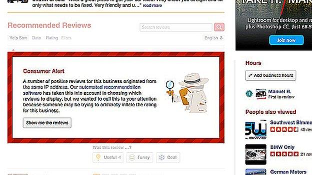 A Yelp red flag, indicating that some of the reviews for a business have come from the same IP and may be fake