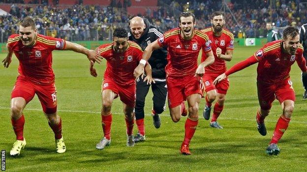 Wales players celebrate Euro 2016 qualification