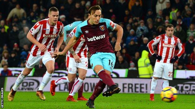 On his 300th League appearance West Ham captain Mark Noble gives his side the lead from the penalty spot