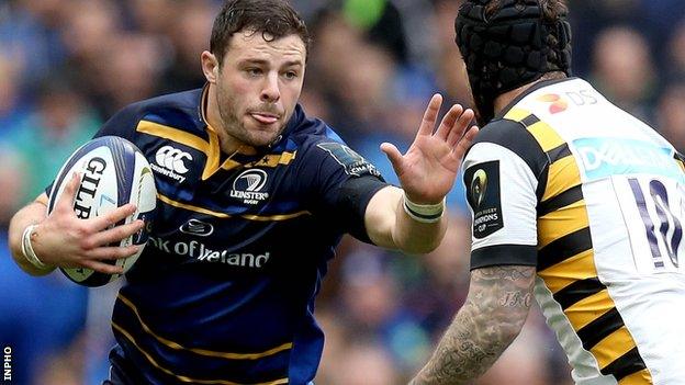 Leinster's Robbie Henshaw fends off Danny Cipriani during the European Champions Cup quarter-final in Dublin