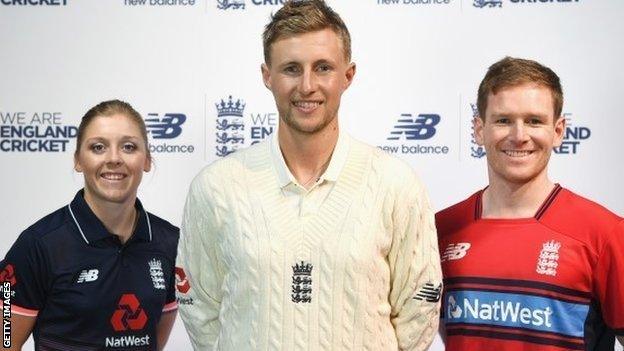 Heather Knight, Joe Root and Eoin Morgan