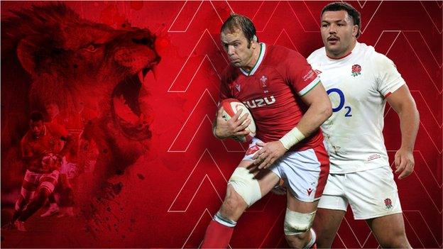 A graphic showing a Lion and Alun Wyn Jones and Ellis Genge