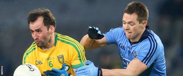 Donegal's Karl Lacey and Dublin's Dean Rock battle in last year's Football League game at Croke Park