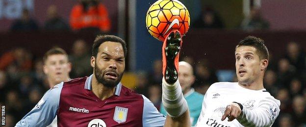 Everton's Kevin Mirallas (right) in action with Aston Villa's Joleon Lescott