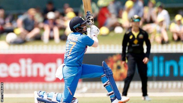 India opener Shafali Verma hits a boundary against Australia