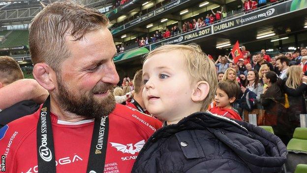 John Barclay and son Logan after the Scarlets win the Pro12