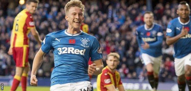 Ross McCrorie celebrates his goal against Partick Thistle