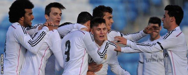 Real Madrid Castilla celebrate against Barakaldo