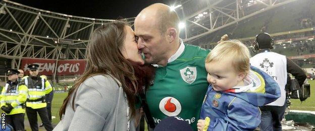 Ireland centurion Rory Best is congratulated by his wife Jodie after the win over Australia