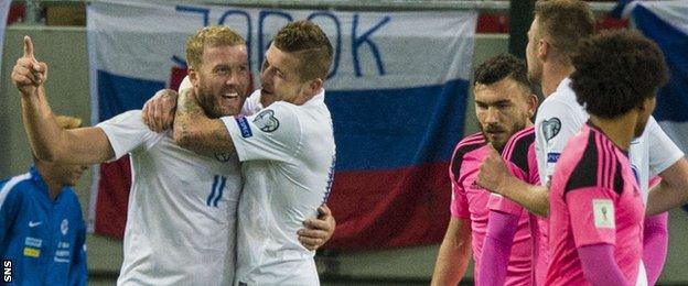 Slovakia's Adam Nemec celebrates scoring against Scotland