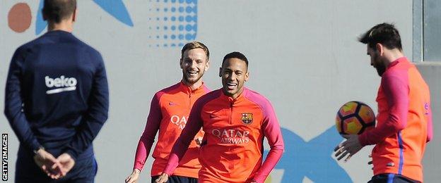 Lionel Messi (right) in training with Barcelona