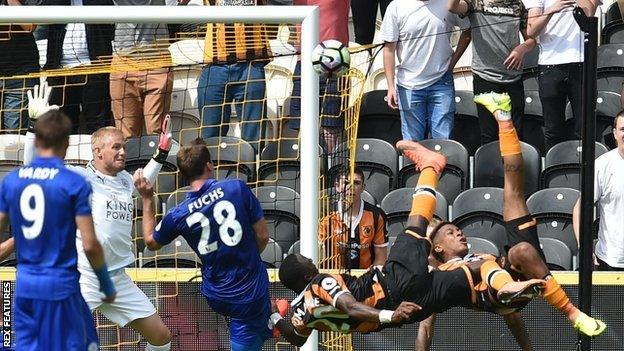 Adama Diomande scores Hull's first goal against Leicester