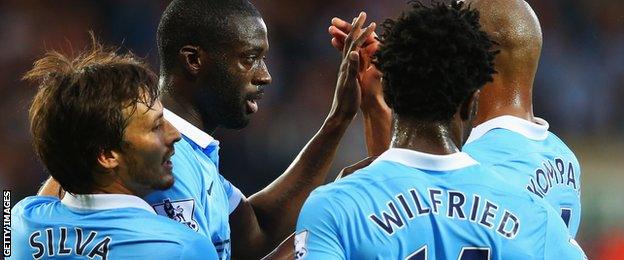 Manchester City celebrate during the win at West Brom