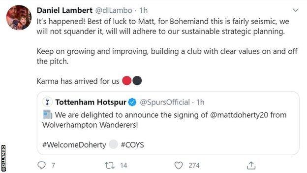 Daniel Lambert's Twitter post saying Bohemians "will not squander" the cash injection the club receives after Matt Doherty's transfer from Wolves to Tottenham