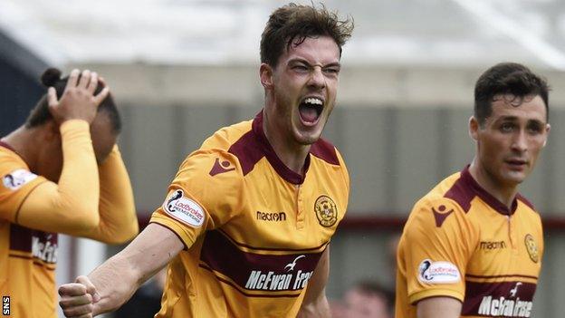 Motherwell's Ben Heneghan celebrates against Rangers