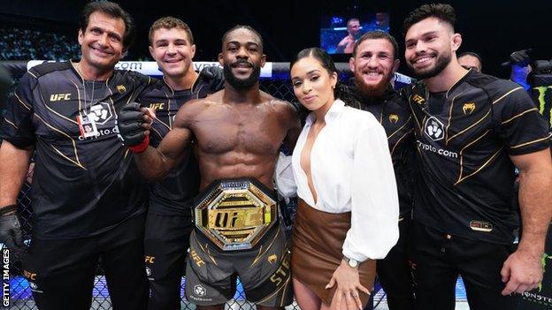 Aljamain Sterling celebrates his win over TJ Dillashaw