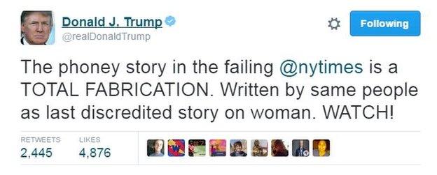 Donald Trump tweets: The phoney story in the failing @nytimes is a TOTAL FABRICATION. Written by the same people as last discredited story on woman. WATCH!"