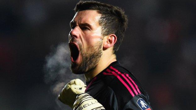 Albion keeper Ben Foster celebrates his side's winner in the FA Cup third round replay win against Bristol City at freezing Ashton Gate