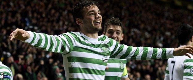 Tony Watt celebrates scoring for Celtic against Barcelona