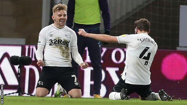 Kamil Jozwiak celebrates after scoring his first goal since joining Derby in September