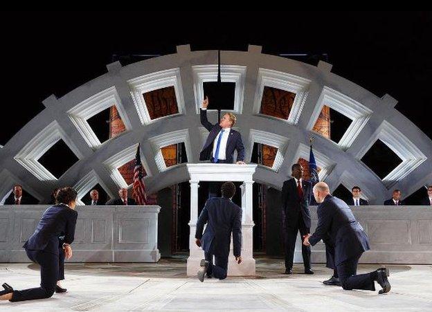 Cast members appear in the Public Theater production of Julius Caesar