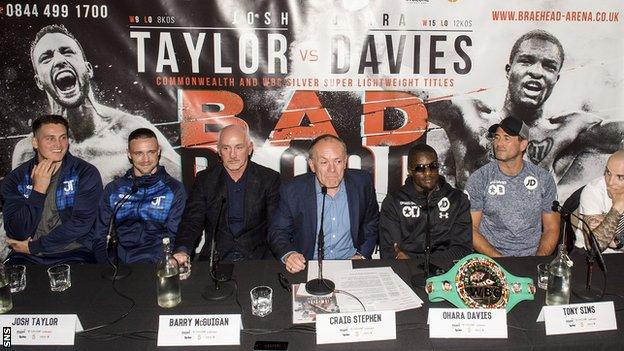 Trainer Shane McGuigan, Josh Taylor, manager Barry McGuigan, MC Craig Stephen, Ohara Davies and trainer Tony Sims