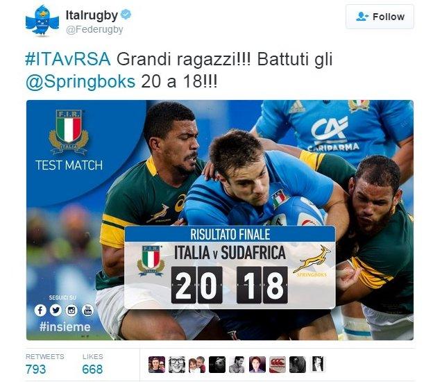 Italy rugby tweet celebrating win over South Africa