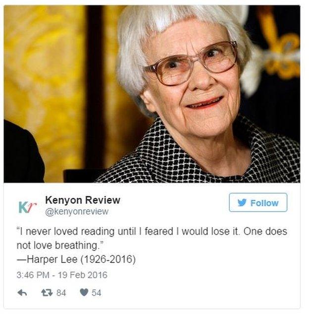 @kenyonreview: "I never loved reading until I feared I would lose it. One does not love breathing." - Harper Lee