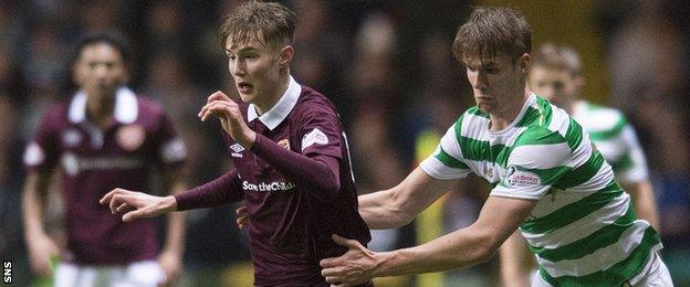 Harry Cochrane contests possession with Kristoffer Ajer