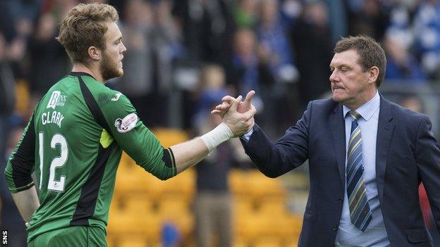 Zander Clark is congratulated by St Johnstone manager Tommy Wright