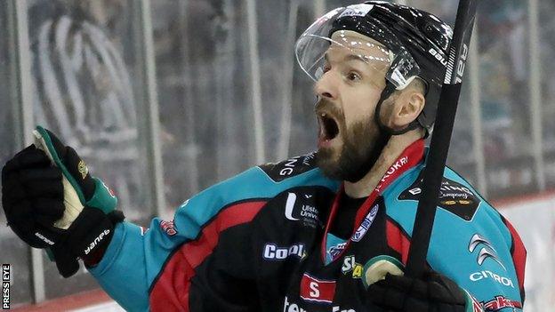 Colin Shields celebrates scoring for Belfast Giants against Coventry Blaze in the Elite League on Friday night.