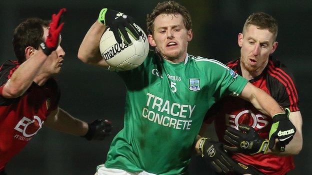 Declan McCusker of Fermanagh in action against Down at Esler Park