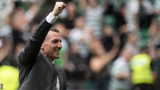 Celtic manager Brendan Rodgers celebrates his side's win over Rangers on 2 September