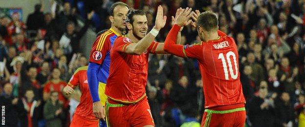 Gareth Bale celebrates Wales second goal