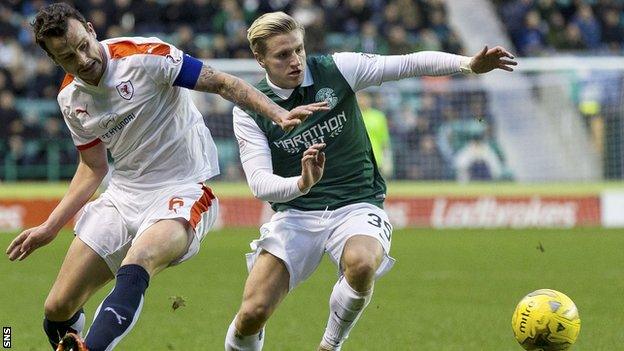 Jason Cummings playing for Hibernian against Raith Rovers