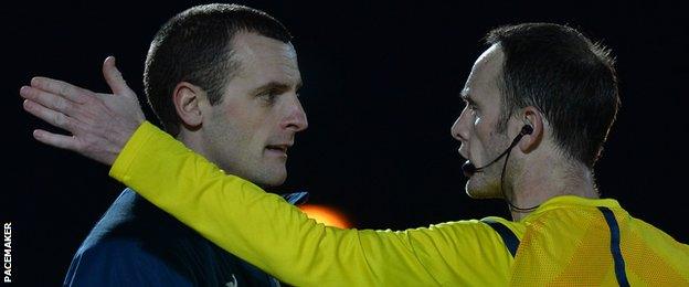 Coleraine manager Oran Kearney was sent off by referee Evan Boyce