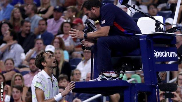 Daniil Medvedev remonstrates with the umpire